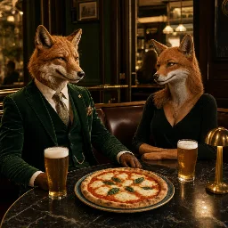 Jimmy's menüsündeki tilki karakterleriyle pizza ve içecek sofrası